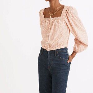 Striped Cotton Button-Up Puff Sleeve Blouse With Square Neckline Elasticized Det